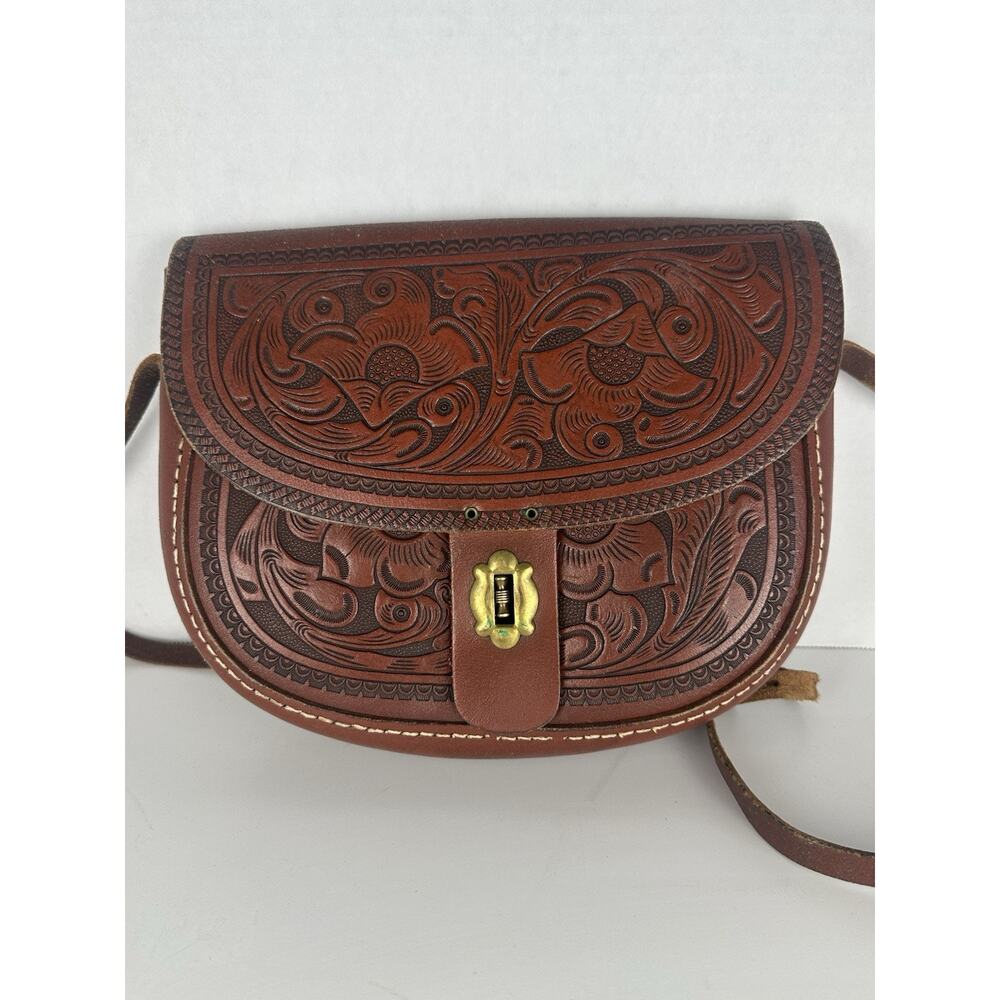 Vintage Western Embossed Brown Leather Floral Purse Handbag Womens Southwestern
